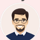 Portrait beside a student testimonial: an illustrated parent in glasses