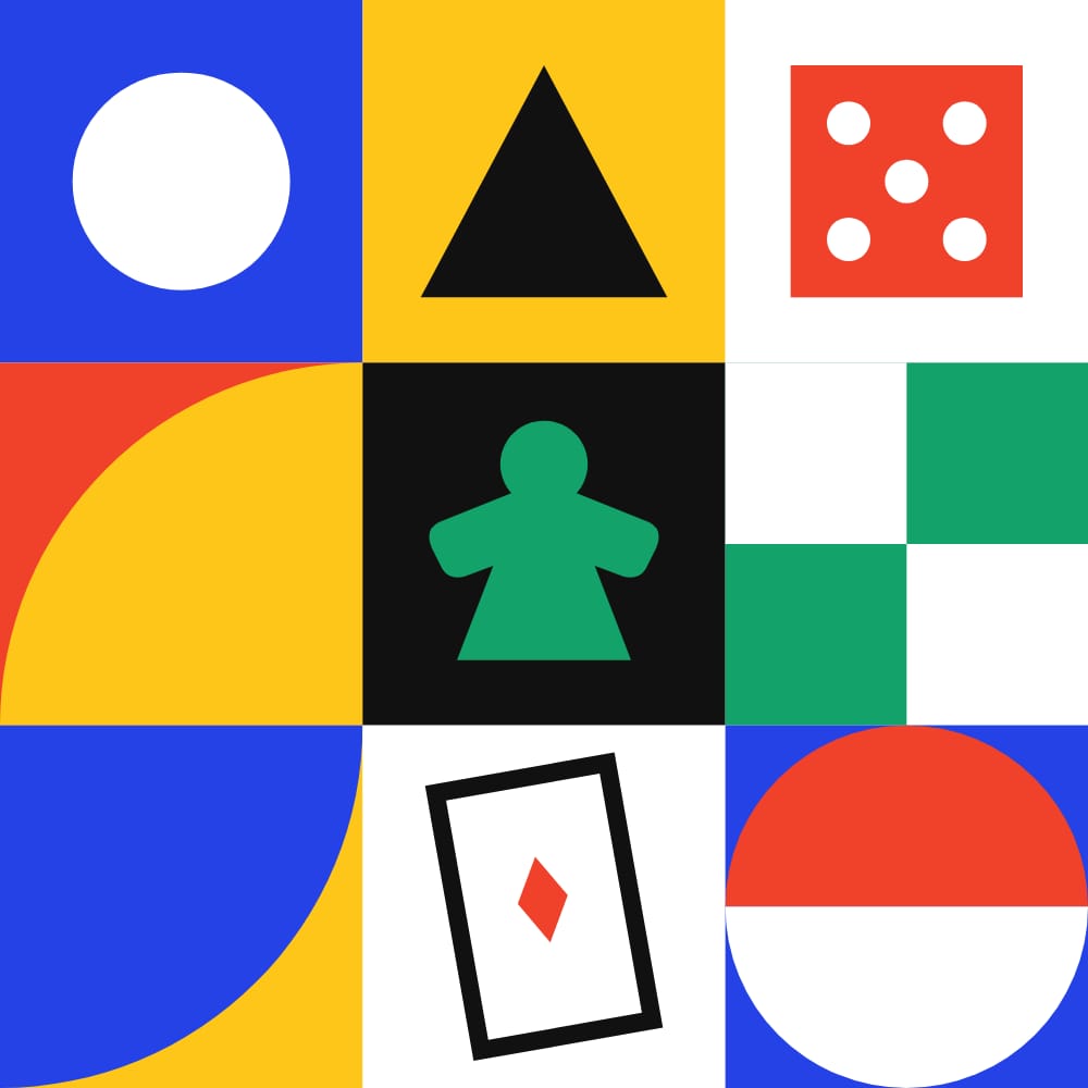 A board of flat game shapes in blue, yellow, red, green and black: a circle, a triangle, a die, a game piece and a playing card