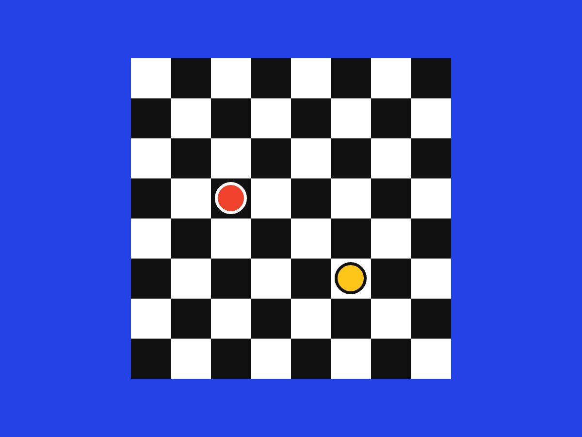 Drawing of a black and white chessboard on blue
