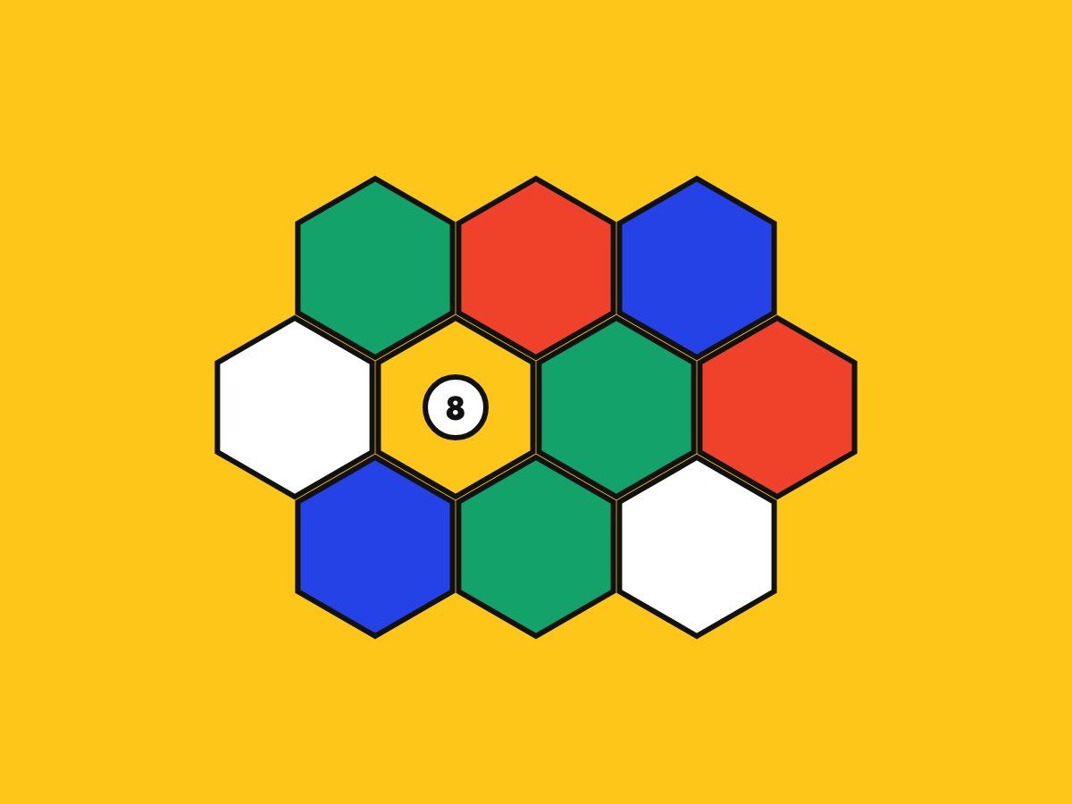 Drawing of a board of colored hexagon tiles with a number 8 token