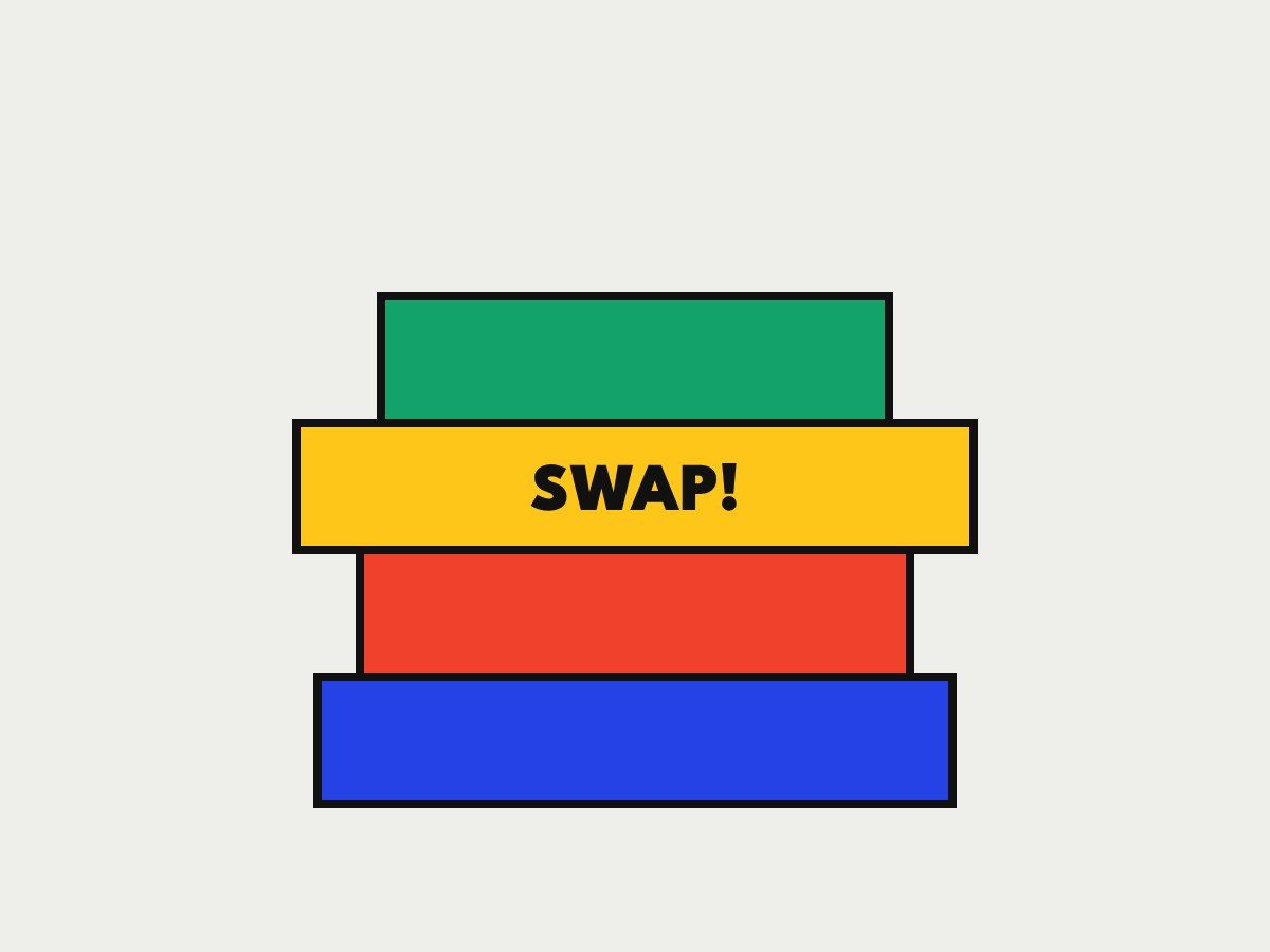 Drawing of a stack of four game boxes labeled Swap