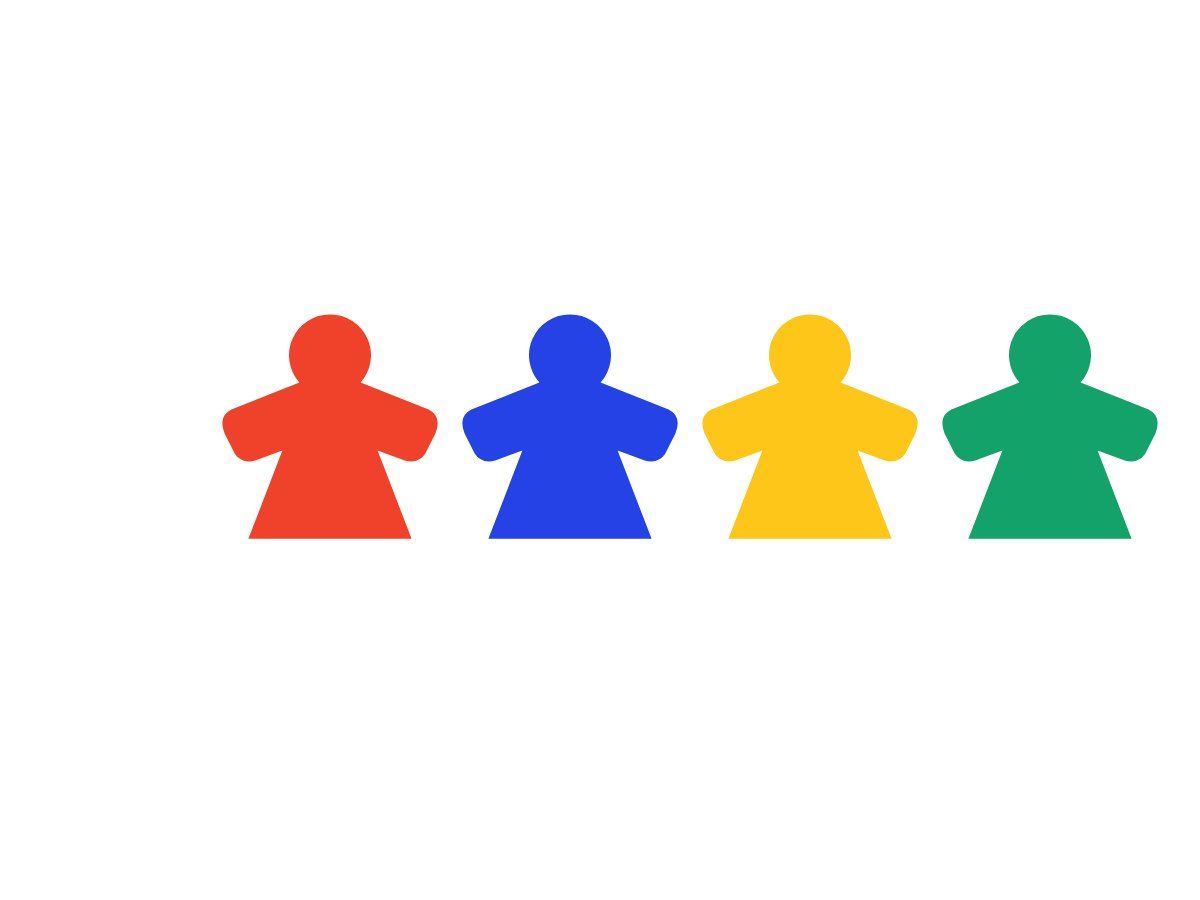 Drawing of four game pieces in red, blue, yellow and green