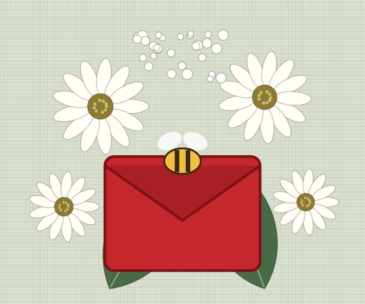 A red envelope cookie with a bee on it, surrounded by white daisy cookies