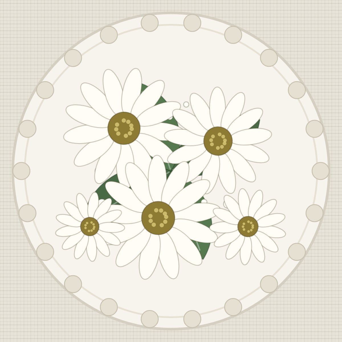 Twelve white daisy cookies on a round platter edged with wooden beads