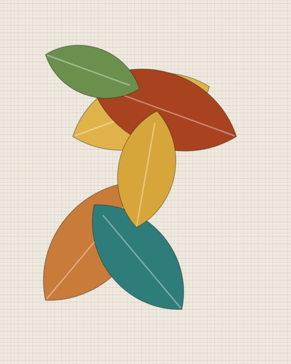 Six leaf cookies in rust, mustard, teal and olive icing