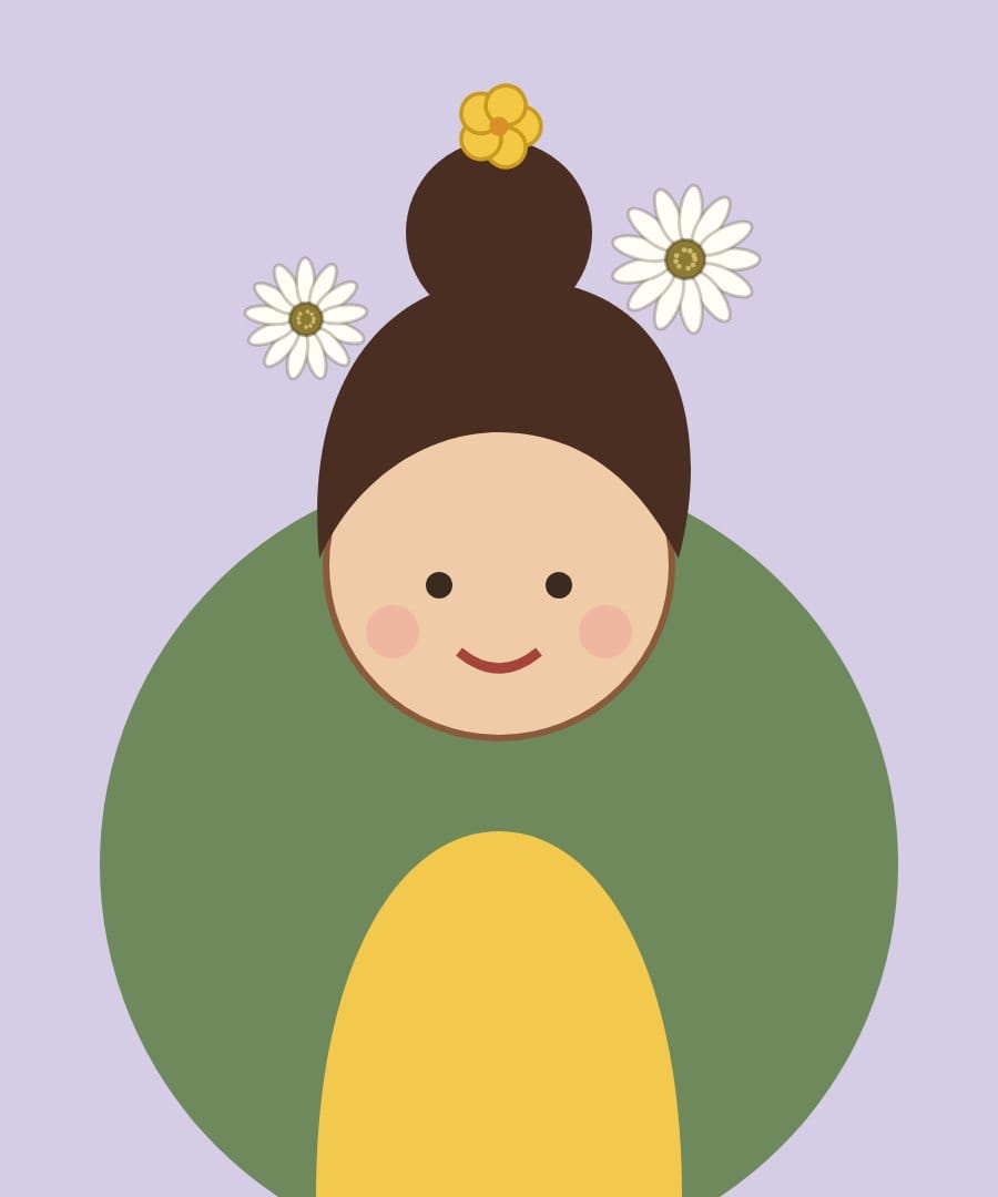 A cartoon portrait of the maker with a bun, wearing a green sweater and a daisy in her hair