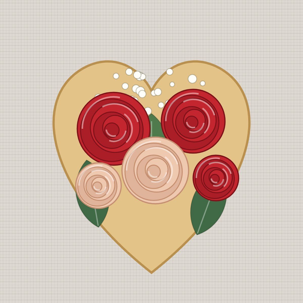 A heart-shaped cookie bouquet of red and peach icing roses
