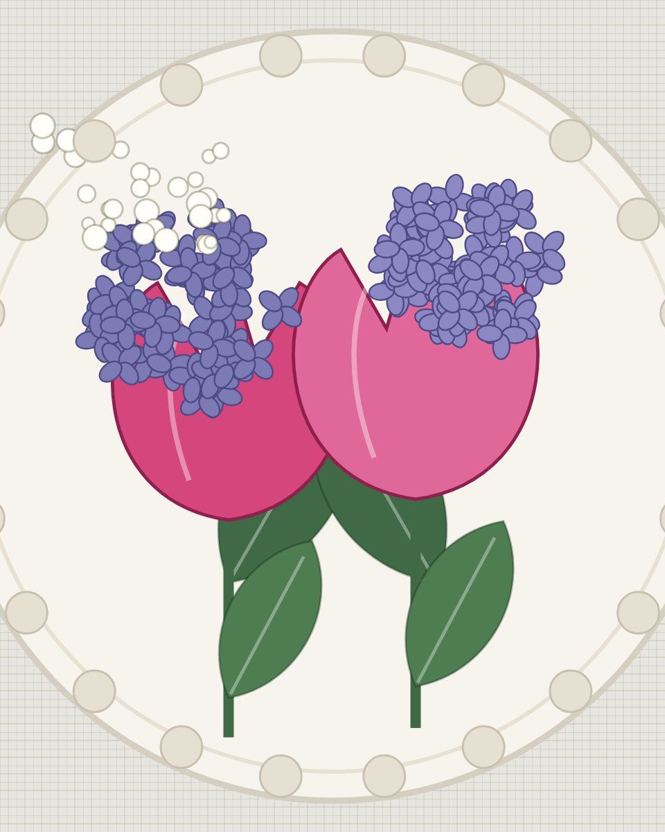 Pink tulip cookies with piped purple hydrangea florets on a platter