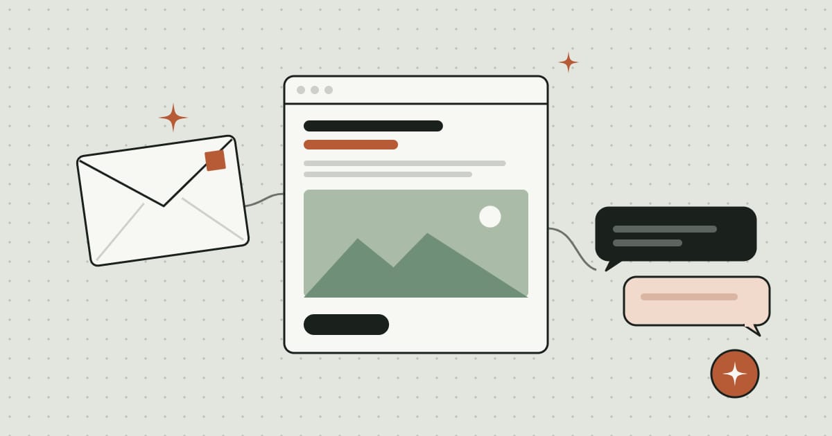 An envelope and two chat bubbles connected to a website in a browser window