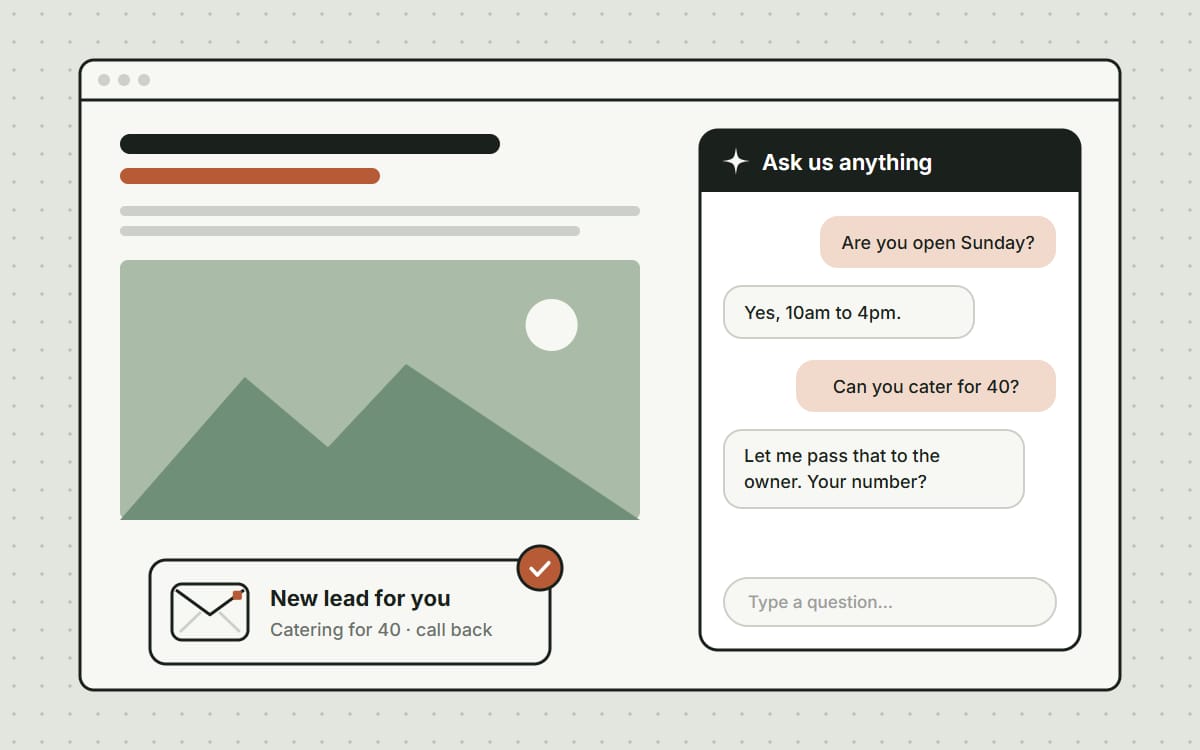 A chat window on a website answering a visitor's questions, and a new-lead email for the owner