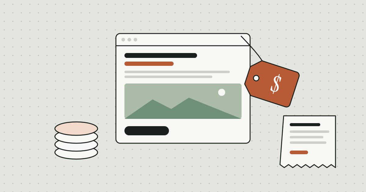 A website in a browser window with a price tag, a stack of coins and a receipt