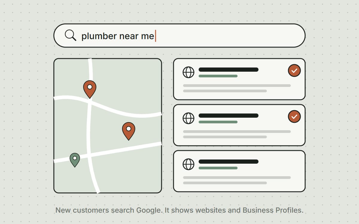A "plumber near me" search showing a map with pins and a list of business websites
