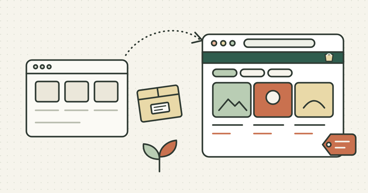 A small shop window sends a parcel along a dotted path to a larger website with a green header, product tiles and a price tag