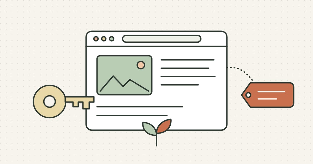 A web page with a photo and lines of text, tied to a domain name tag, with a key beside it and a small sprout below