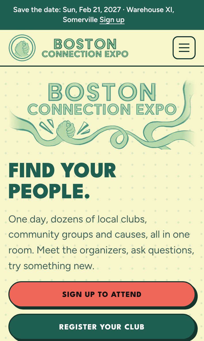 The top of the Boston Connection Expo home page on a phone