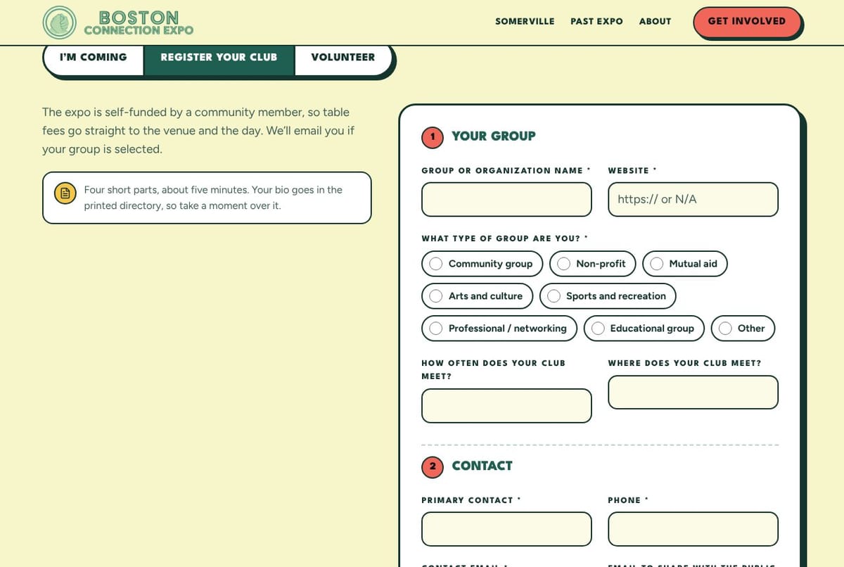 The Boston Connection Expo club sign-up page