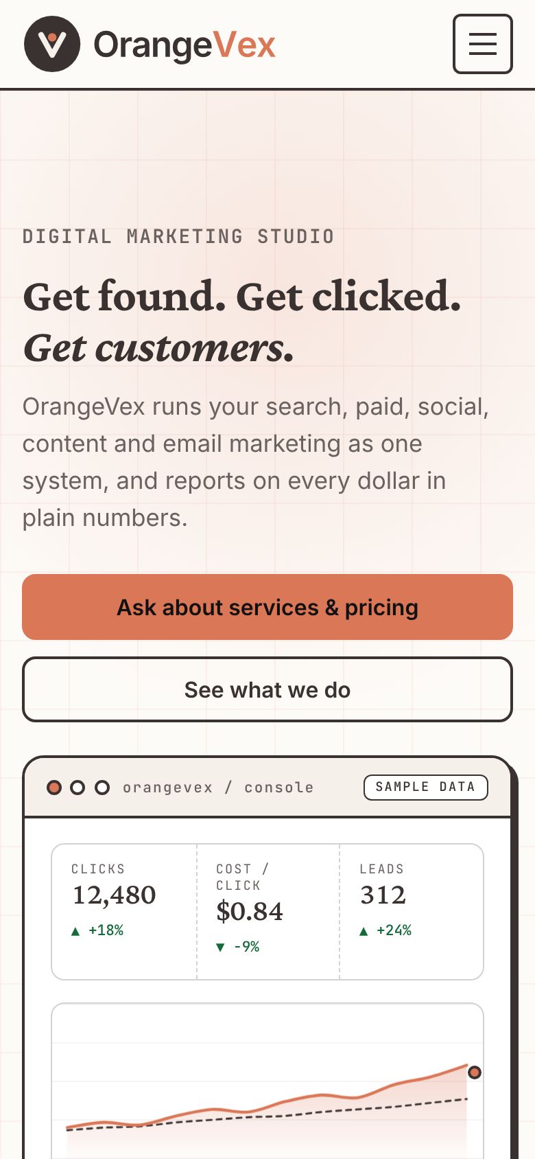 The OrangeVex home page on a phone