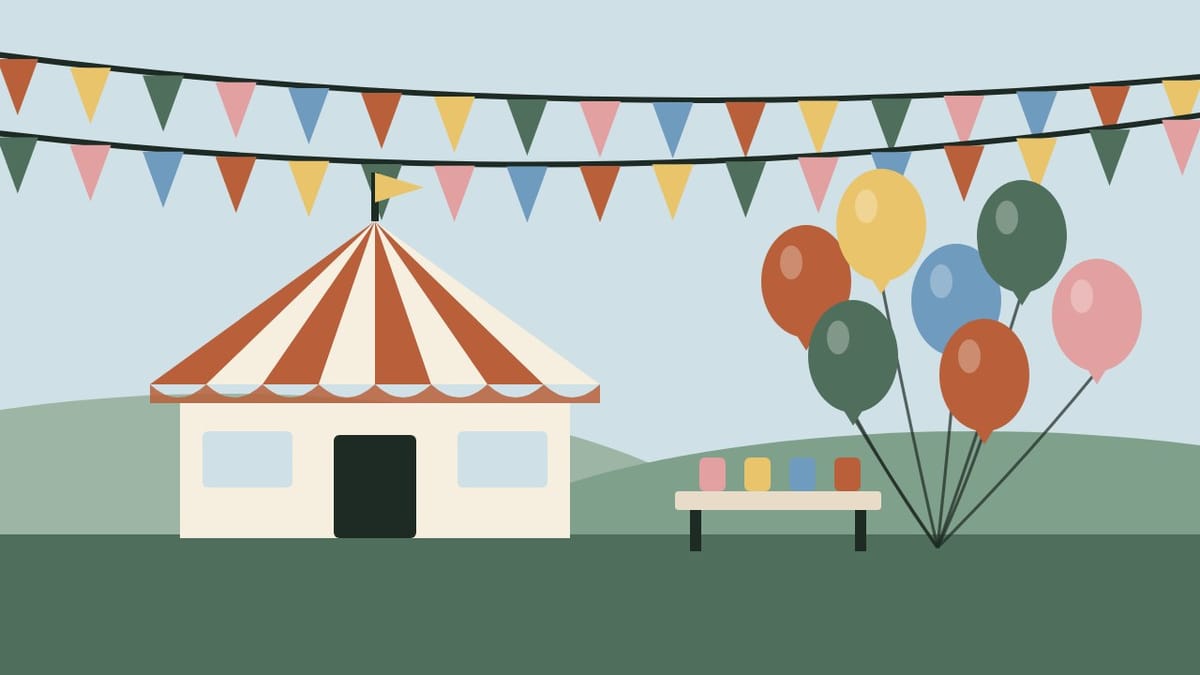 Bunting and balloons over a striped festival tent on a green field