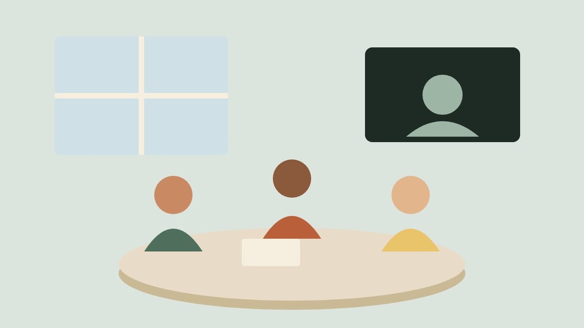 Neighbors around a table in a meeting room, with a video call on the wall