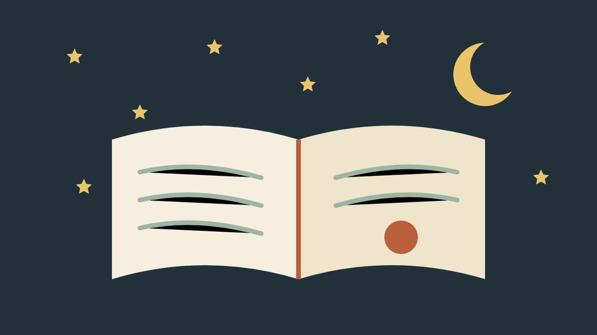 An open picture book under a crescent moon and stars