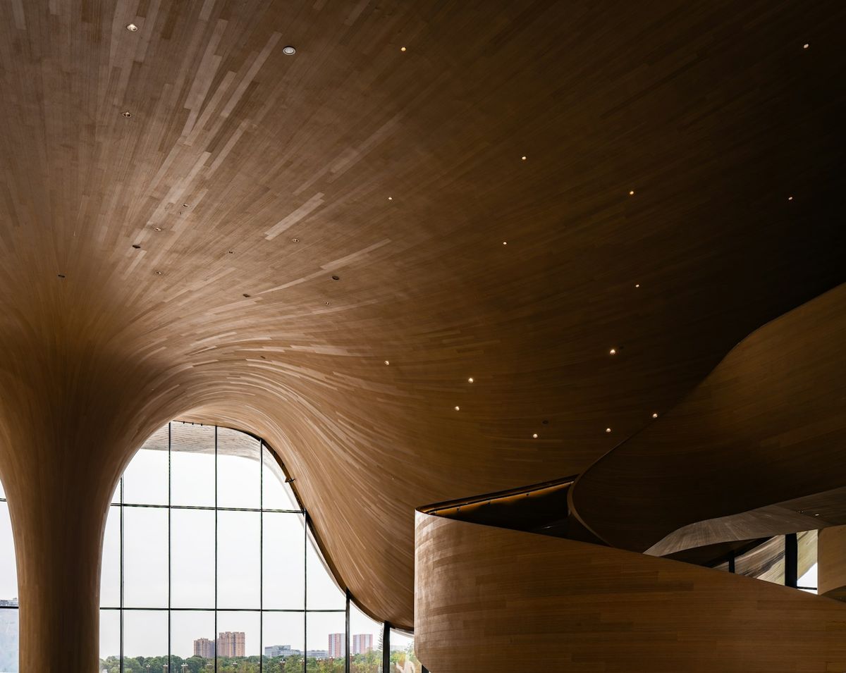 A curved wooden ceiling over a staircase