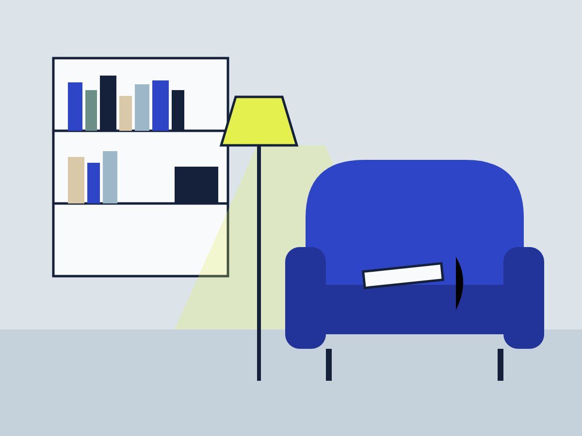 Drawing of a blue armchair beside a reading lamp and a bookcase