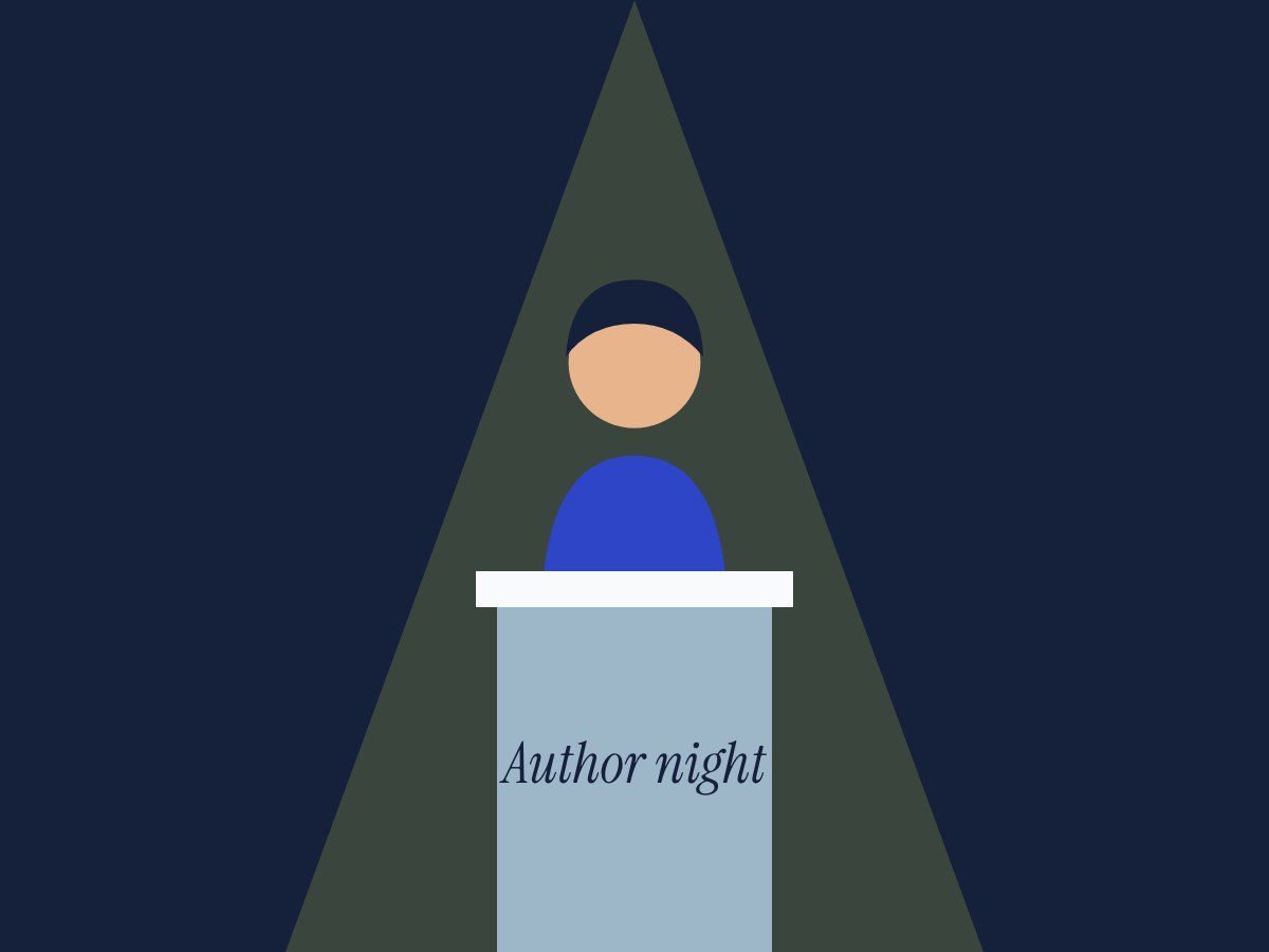 Drawing of an author at a lectern under a spotlight