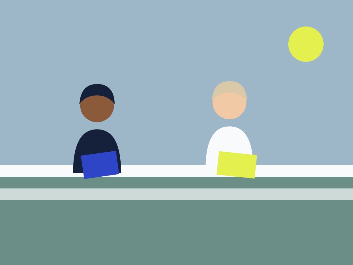 Drawing of two people reading on porch steps under a pale sun
