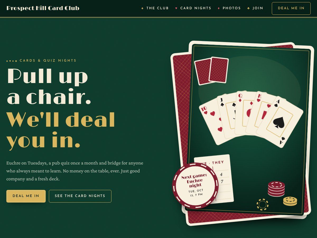 The home page of Prospect Hill Card Club, a sample club site: the headline Pull up a chair, we'll deal you in beside a hand of cards framed as a big playing card and a poker chip for the next game