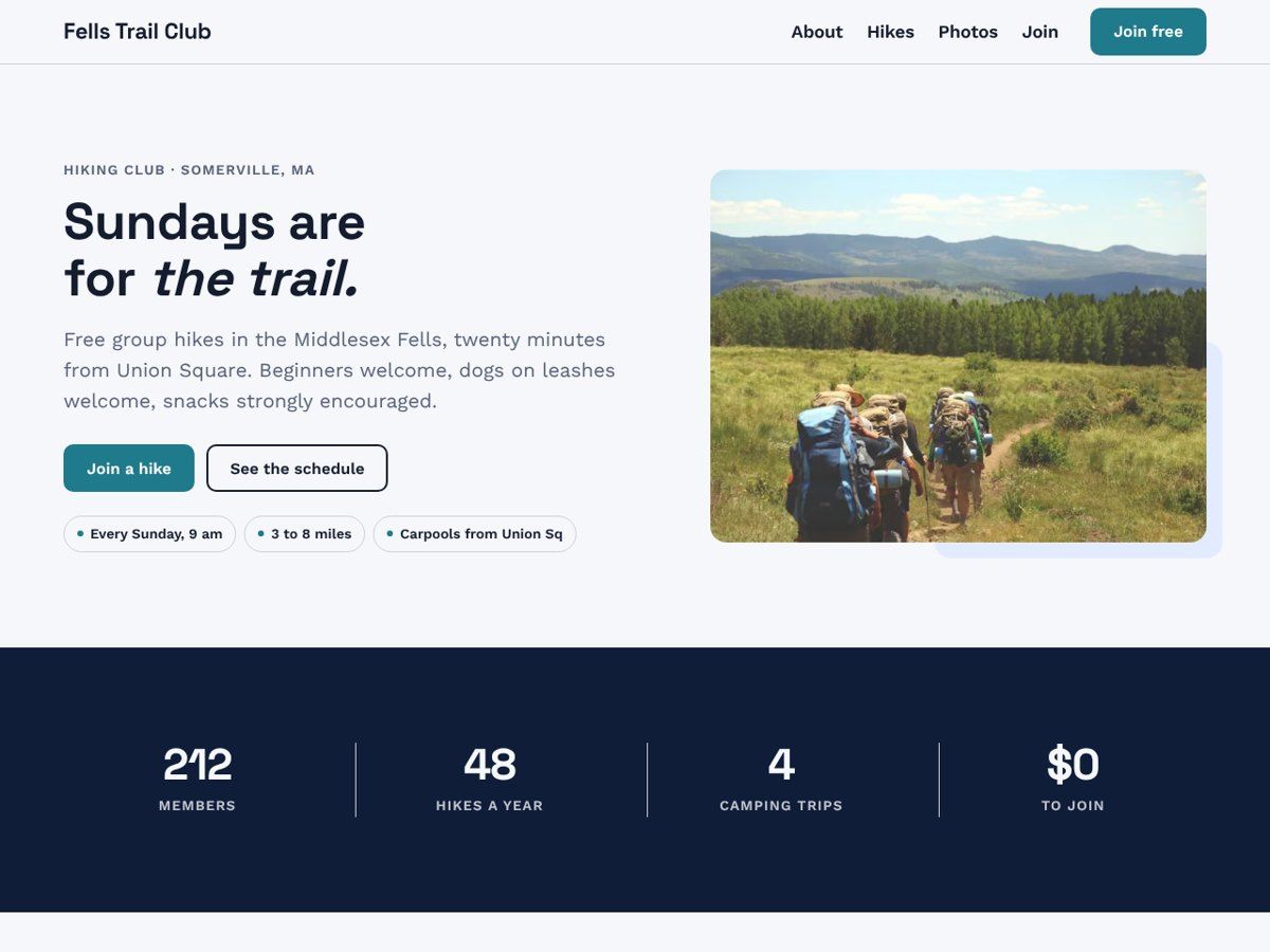 The home page of Fells Trail Club, a sample club site: hikers crossing a meadow beside the headline Sundays are for the trail
