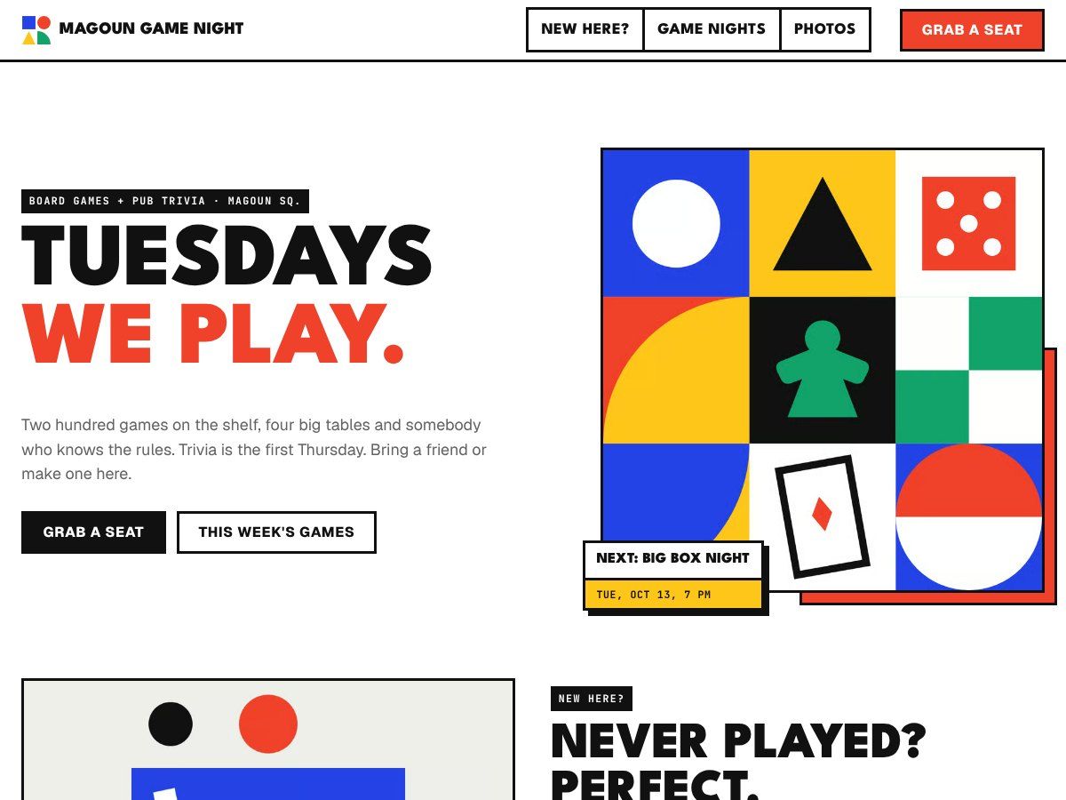 The home page of Magoun Game Night, a sample club site: the headline Tuesdays we play in heavy capitals beside a board of colored game shapes
