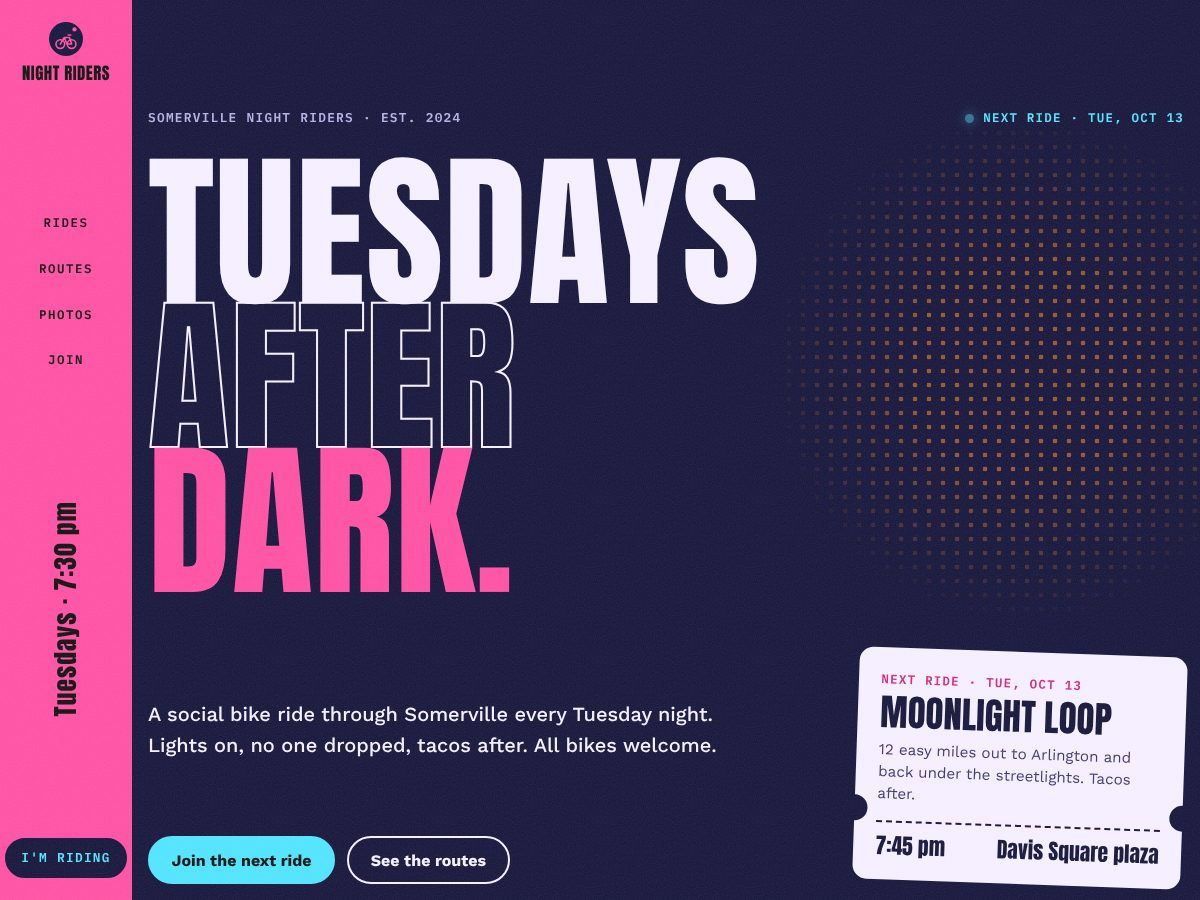 The home page of Night Riders, a sample club site: the headline Tuesdays after dark in huge letters beside a ticket for the next ride