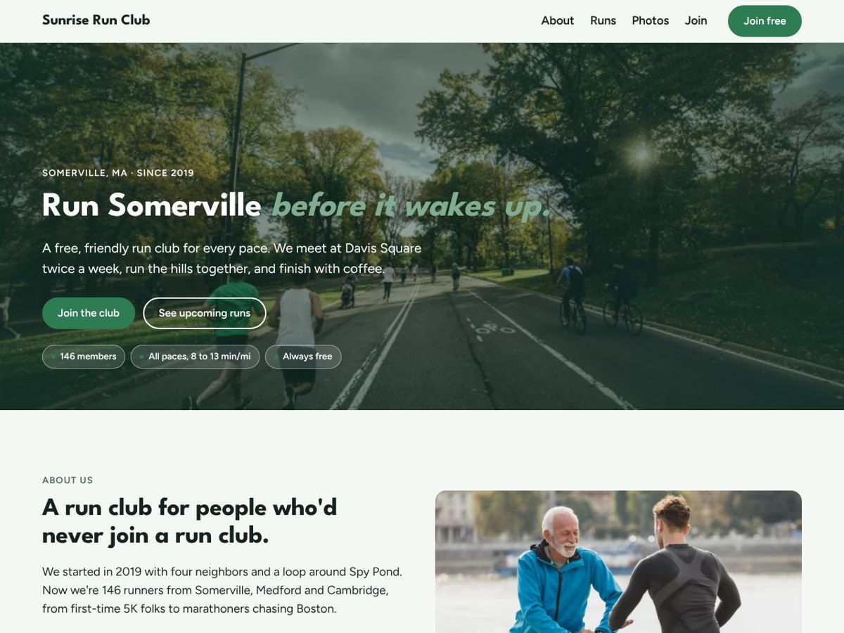 The home page of Sunrise Run Club, a sample club site: a photo of runners on a park road under the headline Run Somerville before it wakes up