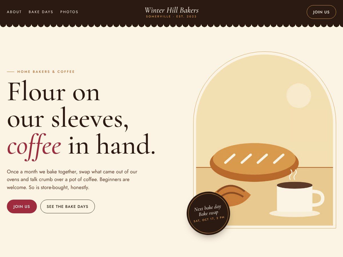 The home page of Winter Hill Bakers, a sample club site: the headline Flour on our sleeves, coffee in hand beside a loaf and a cup of coffee in an arched window
