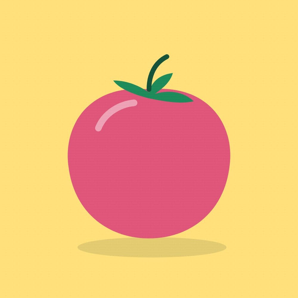 A big red tomato with a green stem on yellow