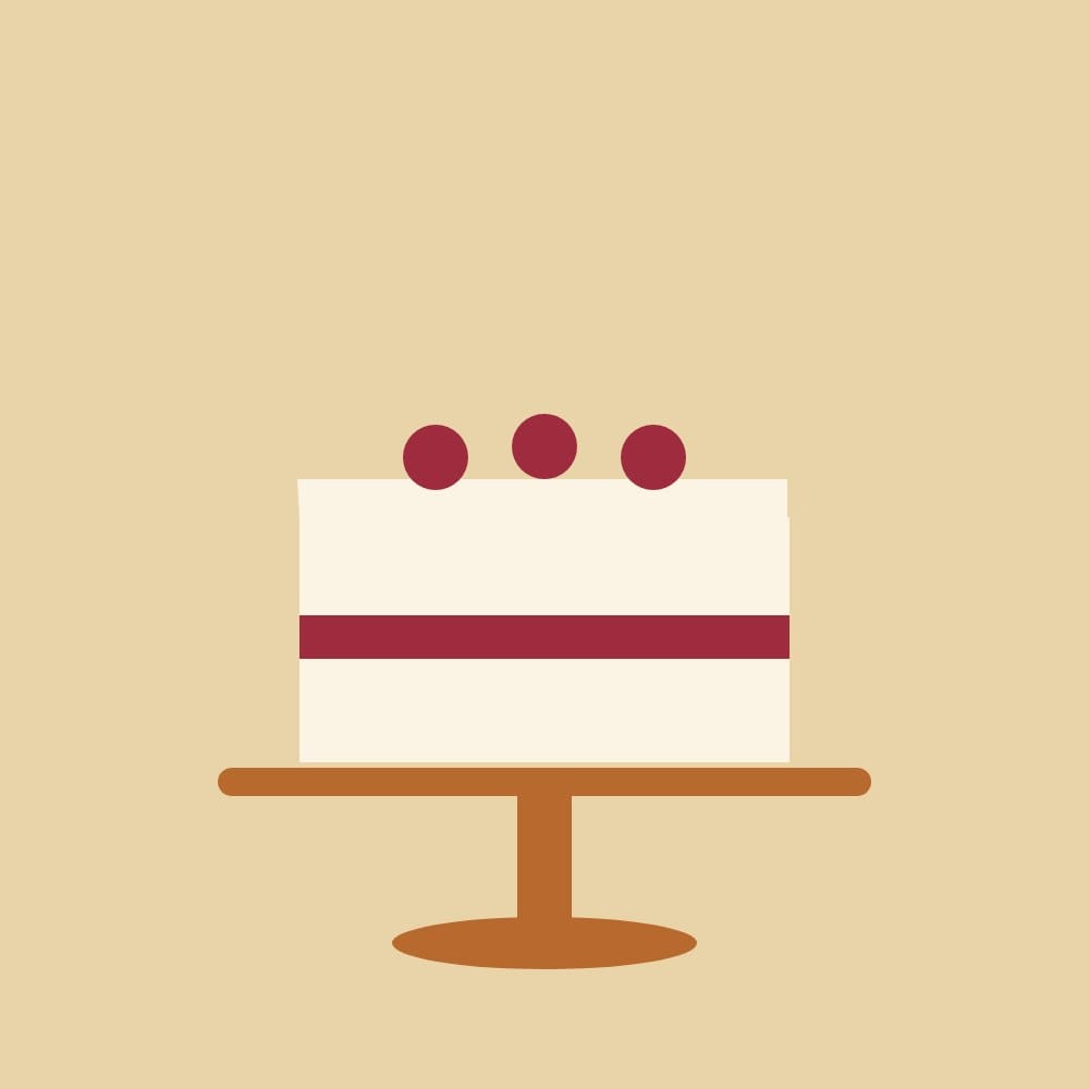 Drawing of a layer cake with three raspberries on a caramel cake stand