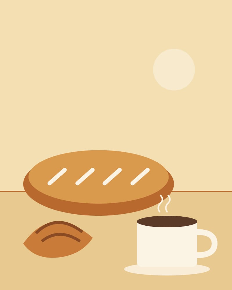 Drawing of a scored loaf, a croissant and a steaming cup of coffee on a butter-yellow table