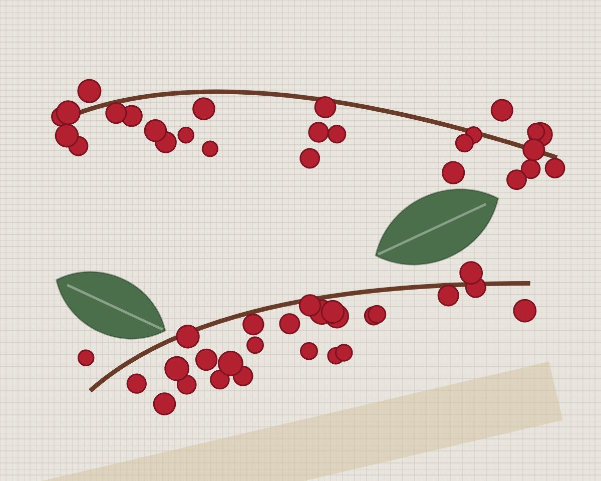 Red berries on two thin branches, torn-paper collage