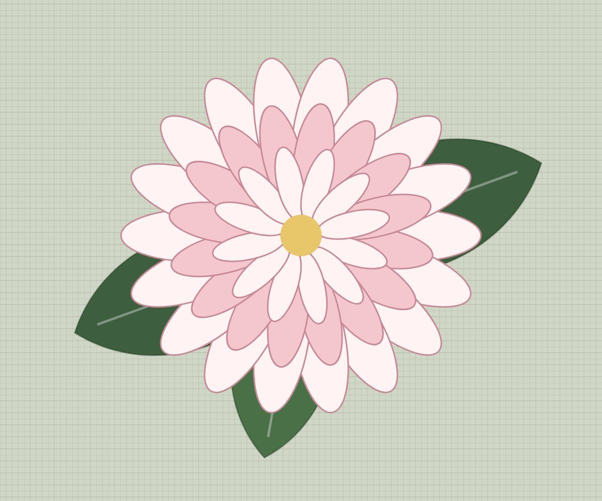A pale pink cut-paper dahlia with dark green leaves on a sage ground